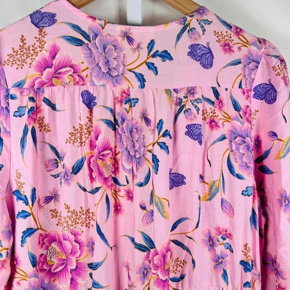 JAASE Tessa Maxi Dress Size Medium Ruffle Cottagecore Tiered 3/4 Sleeve Pink - Picture 3 of 10